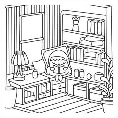 Cozy Reading Corner with Cute Character - Coloring Page