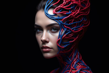 Fototapeta premium woman with a robot head on her head