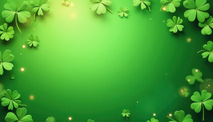 St. Patrick's Day Background: Floating FourLeaf Clovers Against Lush Green Gradient. A green background with clover leaves and bokeh effect.