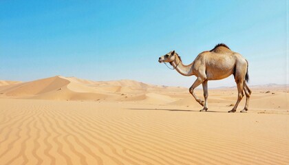 Camel walking on golden sand dunes