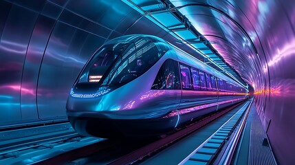 Fototapeta premium A futuristic high-speed monorail in a sleek metallic tunnel, its curved exterior smoothly reflecting a dynamic gradient of electric blue and violet hues.