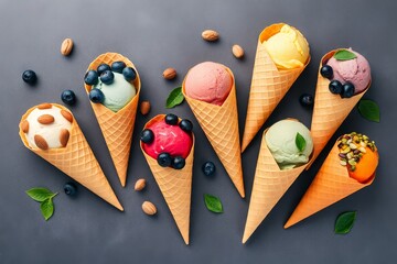 Many colorful ice cream cones in a scattered, overlapping arrangement on a dark gray surface, featuring pale pink, light blue, purple, red, green, and yellow scoops. Each cone is paired with toppings 