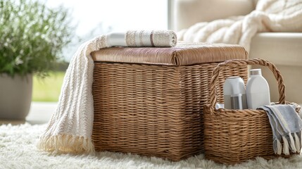 Obraz premium Woven storage baskets with towels and blankets
