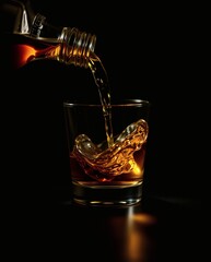 pouring a fine amber liquid from a bottle into a glass. The liquid creates an alluring splash. This image evokes a sense of luxury and indulgence