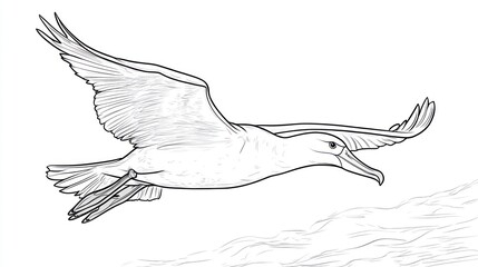 Line drawing of a flying seabird.  Detailed illustration of bird in flight