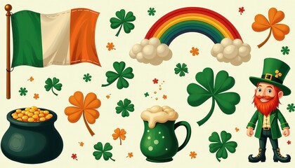 St. Patrick's Day Celebration: Leprechaun, Shamrocks, Pot of Gold & More on Cream Background. A leprechaun stands in front of a pot of gold coins, a mug of beer, shamrocks, and a rainbow.