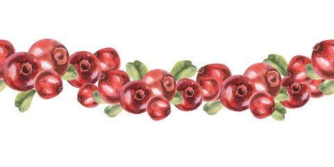 Cranberries fruit with leaves watercolor seamless banner. Isolated hand drawn border with forest red berries, healthy cosmetics and medicine ingredient painting for packing, wallpaper,web design