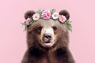 Cute baby animal grizzly bear wearing fierce flower crown on its head - symbol of sunny vacation...