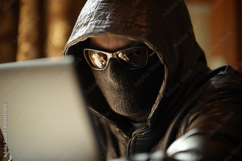 Aufkleber hacker wearing balaclava and sunglasses is using laptop for cyber attack