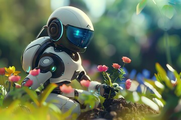 Robot Tending Flowers in a Vibrant Spring Garden Setting Outdoors