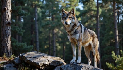 Obraz premium Wolf standing on rocky outcrop in forest