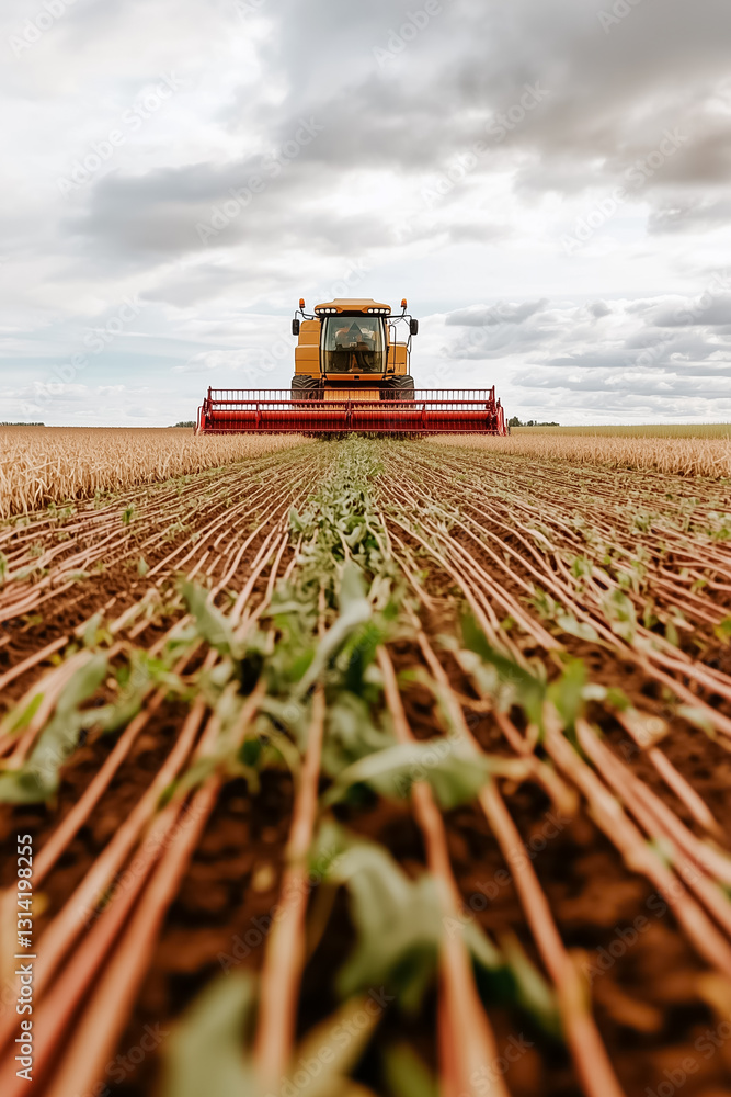 Poster a colossal combine harvester performs its task of collecting sugar beets as it looms large over the 