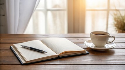 Cozy workspace with a notebook, pen, and a cup of coffee.