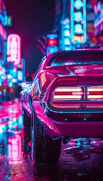 A vibrant retro car show where glowing vintage vehicles and radiant neon signs set the scene for models in bold 1970s outfits