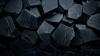 Dark Abstract Background With Black Shattered Stone Texture And Gold Glitter Fragments Lit Dramatically