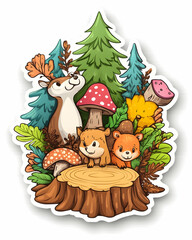 Naklejka premium Forest friends deer, squirrel, hedgehog, and mushroom, on a tree stump