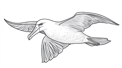 Fototapeta premium A grayscale illustration of a flying seabird. Detailed depiction of wingspan and beak
