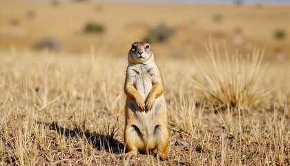 Prairie dog standing alert in dry grassland