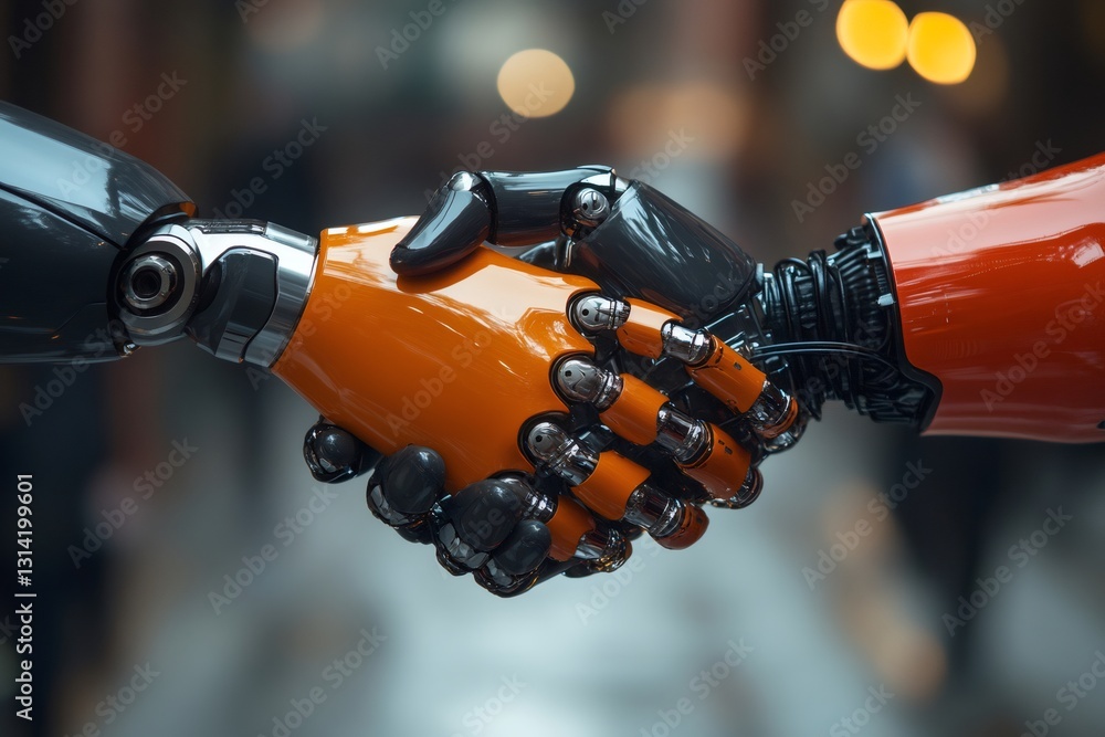 Poster Two robot hands shaking in a sign of agreement and cooperation