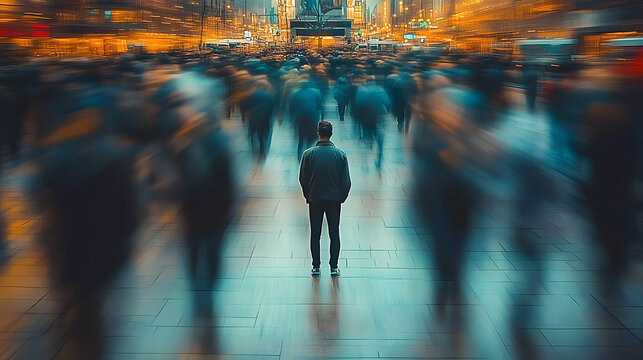 A person standing in a crowded urban environment, with blurred figures rushing by, creating a feeling of isolation and anxiety amidst chaos
