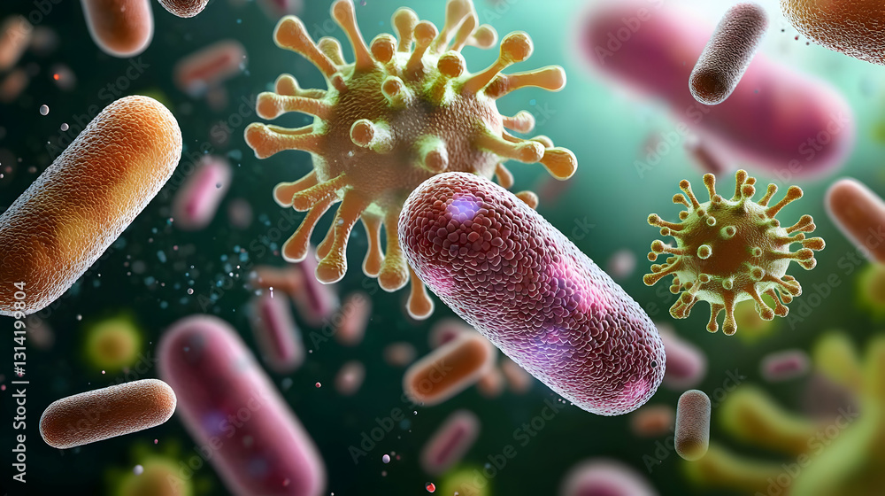 Poster microscopic view of diverse bacteria and viruses in a dark green environment with depth of field