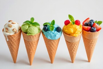 Several colorful ice cream cones in a row: nuts, mint, berries, chocolate, waffle texture, glossy sheen, and vibrant colors