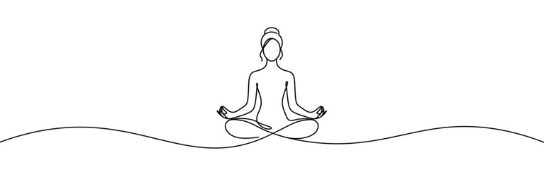 Woman sitting in meditation continuous one line drawing. Yoga sign in simple linear style. Vector illustration.