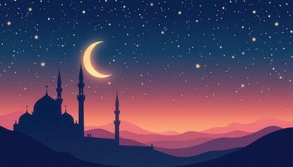 Naklejka premium Ramadan Night Sky with Crescent Moon and Mosque Silhouette Vector Illustration