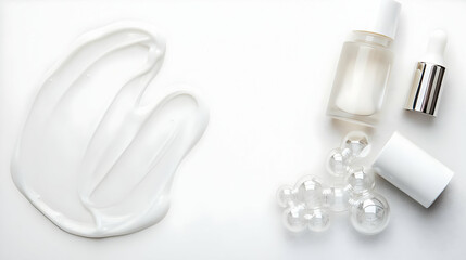 White Skincare Cream With Dropper Bottle And Transparent Bubbles On White Background Beauty Product Flat Lay