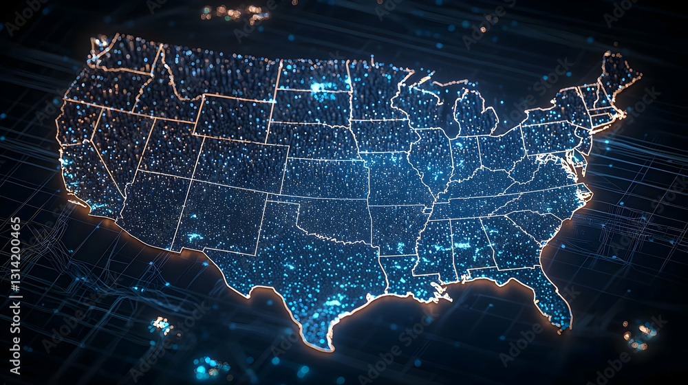 Poster Digital United States Map With Illuminated Blue Circuitry Network On Dark Technological Background Visualizing Data Connectivity And Innovation In