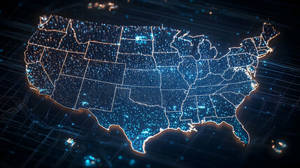 Digital United States Map With Illuminated Blue Circuitry Network On Dark Technological Background Visualizing Data Connectivity And Innovation In