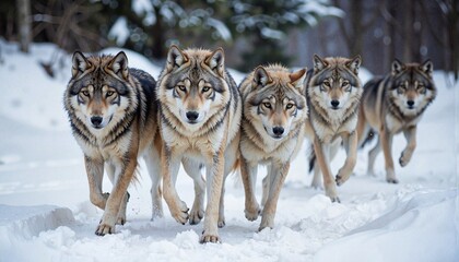 Pack of wolves walking through snowy landscape