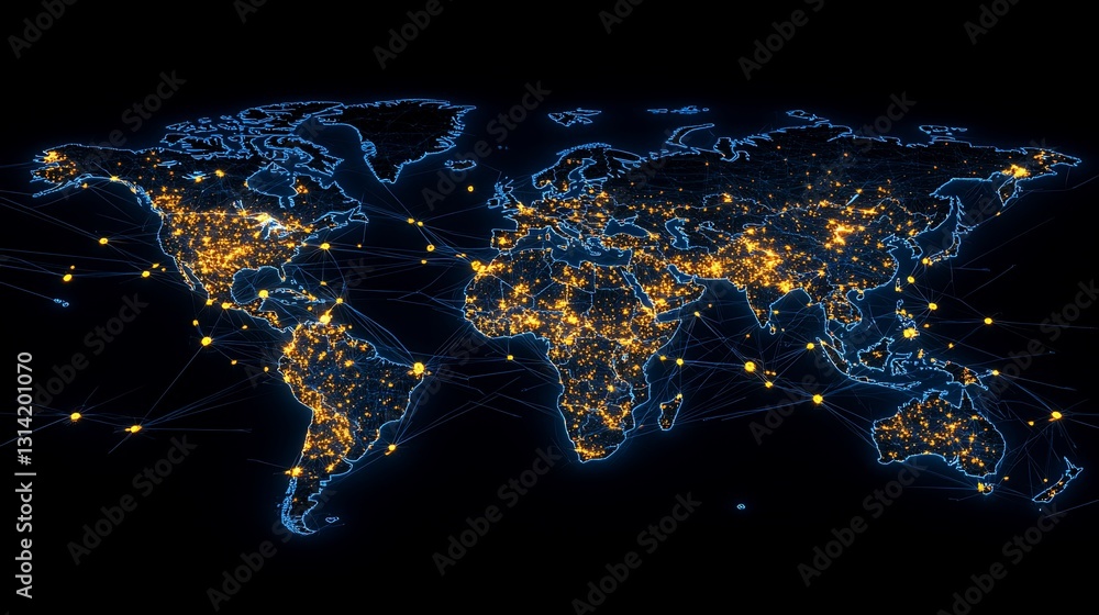 Poster world map illuminated with networks of lights against a dark background