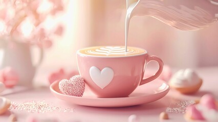 Fototapeta premium a cup of coffee with heart-shaped design is being poured.