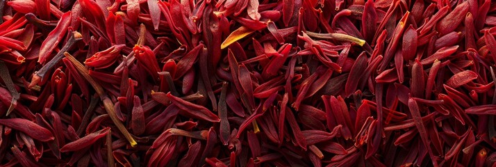 Fototapeta premium Saffron texture background, crocus sativus flowers pattern, dry herbal petals banner, aromatic herbs