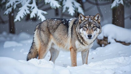 Obraz premium Wolf standing in snowy forest