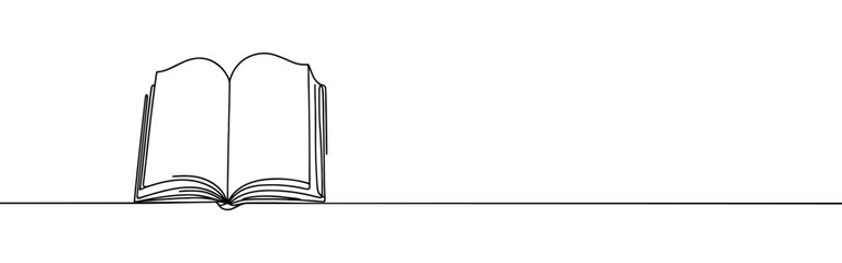 Open book continuous one line drawing. Bookstore, library sign in simple linear style. Vector illustration.