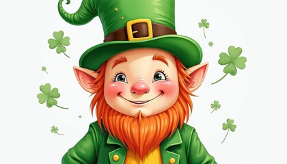 St. Patrick's Day Animated Leprechaun Image with FourLeaf Clovers. A cartoon leprechaun with a green hat and a red beard.