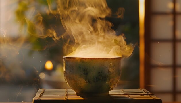 Close-up of glowing steam rising from a handcrafted ceramic teacup illuminated by morning light, cinematic cozy charm