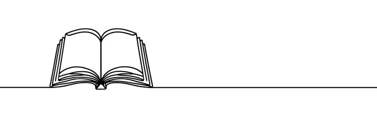 Open book continuous one line drawing. Bookstore, library sign in simple linear style. Vector illustration.