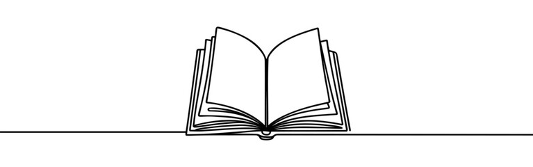 Open book continuous one line drawing. Bookstore, library sign in simple linear style. Vector illustration.