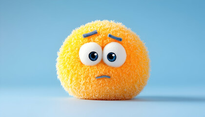 Fuzzy orange ball with sad expression, googly eyes on a pastel blue background