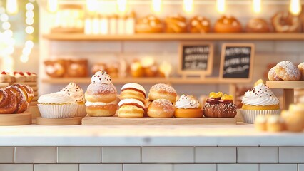 a selection of baked goods, including donuts and pastries, on display in a bakery setting.