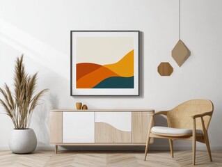 Abstract landscape wall art in modern living room.
