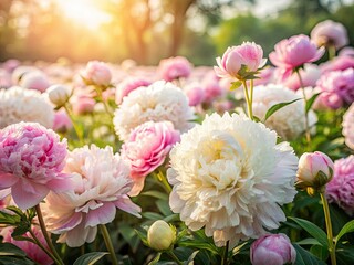 Fototapeta premium Panoramic peony marshmallows: a springtime pastel dream, macro candy perfection.