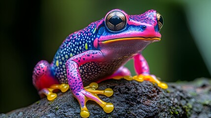Fototapeta premium Stunning pink frog with blue spots sitting gracefully on a branch emphasizing nature's colorful diversity