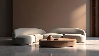 A luxury modern living room design features a white leather armchair under soft light