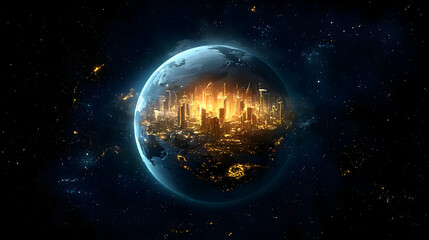 Planet Earth At Night With Illuminated City From Space Showing Urban Expansion And Global Connectivity