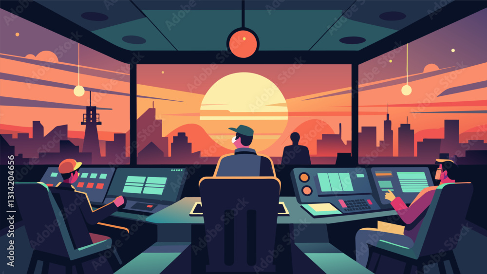 Poster as the sun sets outside the control room becomes a co of artificial light a tireless hub of activity