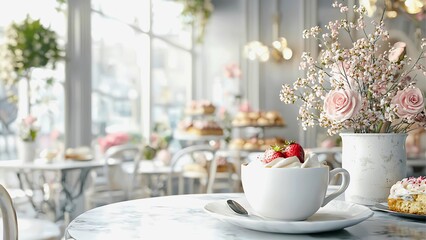 Fototapeta premium a cup of coffee with dessert on the table with flowers in a cafe.